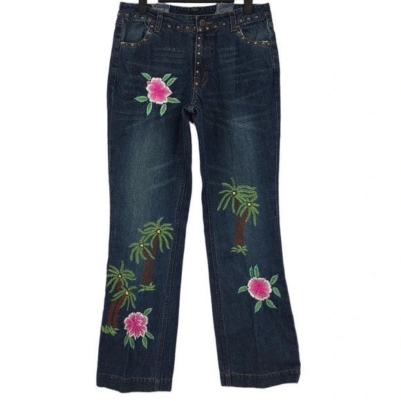 Boston Proper Floral Embroidered‎ Bootcut Jeans Womens 6 Dark Wash Cotton Denim - Picture 1 of 12